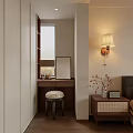 Elegant Bedroom Interior With Patterned Bedspread Pillows Nightstands Lamps Ceiling Light Wall Art Desk Chair