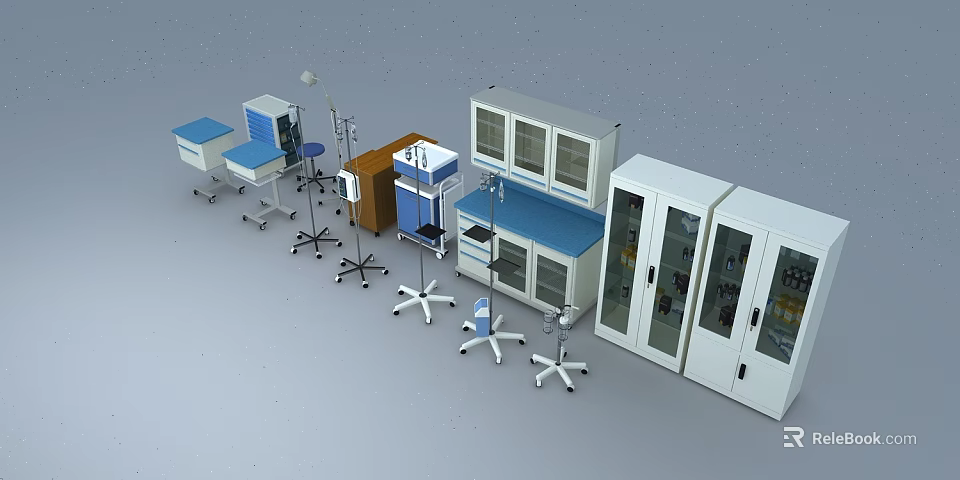 Modern Medical Laboratory Equipment Including Workstations Cabinets Stools And Blue Countertops 3d model 