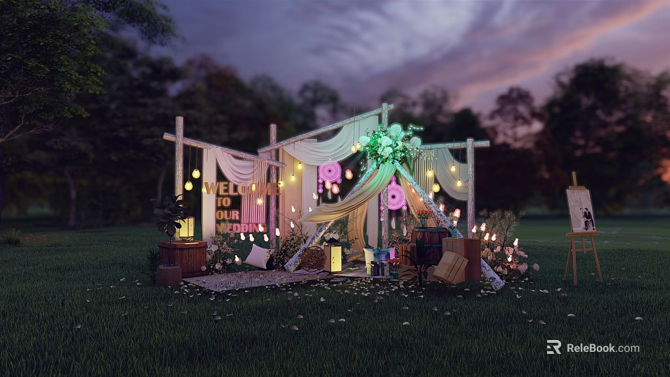 Outdoor Celebration Setup With WE LOVE YOU MOM Sign String Lights Greenery Canopy On Grass 3d model 