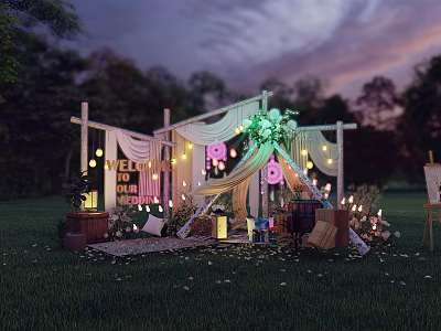 Outdoor Celebration Setup With WE LOVE YOU MOM Sign String Lights Greenery Canopy On Grass 3d model