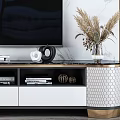 Modern Luxury TV Stand With Glass Top Gold Accents And Decorative Items In Living Room