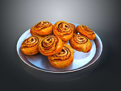 Freshly Baked Delicious Golden Swirled Cinnamon Rolls On A Plate 3d model