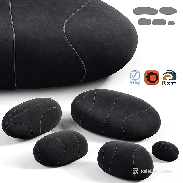 Black Pebble Shaped Ottoman Poufs With Stitched Design In Various Sizes 3d model 