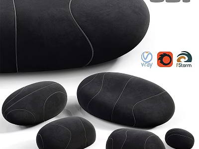 Black Pebble Shaped Ottoman Poufs With Stitched Design In Various Sizes 3d model