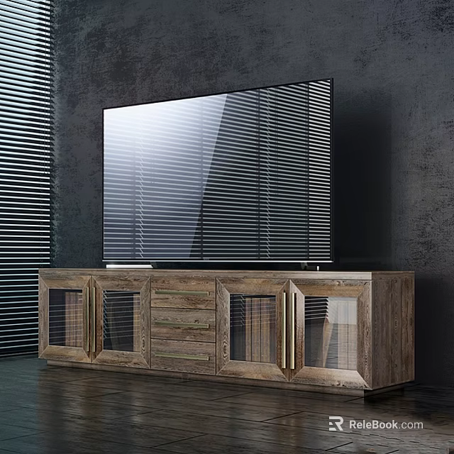 Modern Wooden Dresser With Drawers And Glass Doors Against Dark Wall With Blinds 3d model 