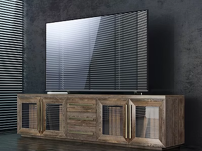 Modern Wooden Dresser With Drawers And Glass Doors Against Dark Wall With Blinds 3d model