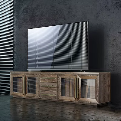 Modern Wooden Dresser With Drawers And Glass Doors Against Dark Wall With Blinds 3d model