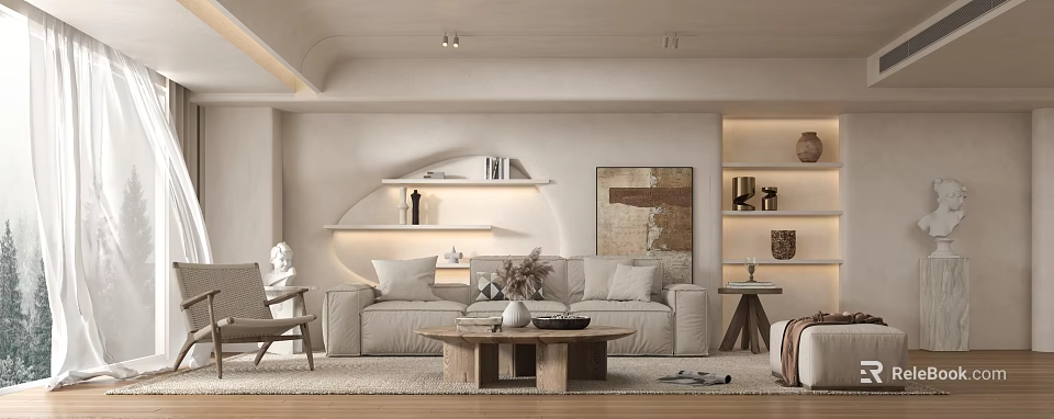 Warm Cream Tone Living Room Interior With Plush Sofa And Rustic Wooden Coffee Table 3d model 