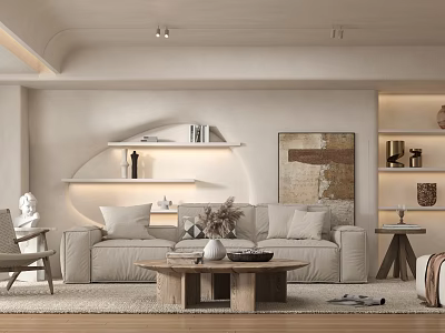 Warm Cream Tone Living Room Interior With Plush Sofa And Rustic Wooden Coffee Table 3d model