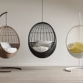 Rattan Hanging Chairs Brown Black White with Soft Cushions in Light Wall Wooden Floor Room