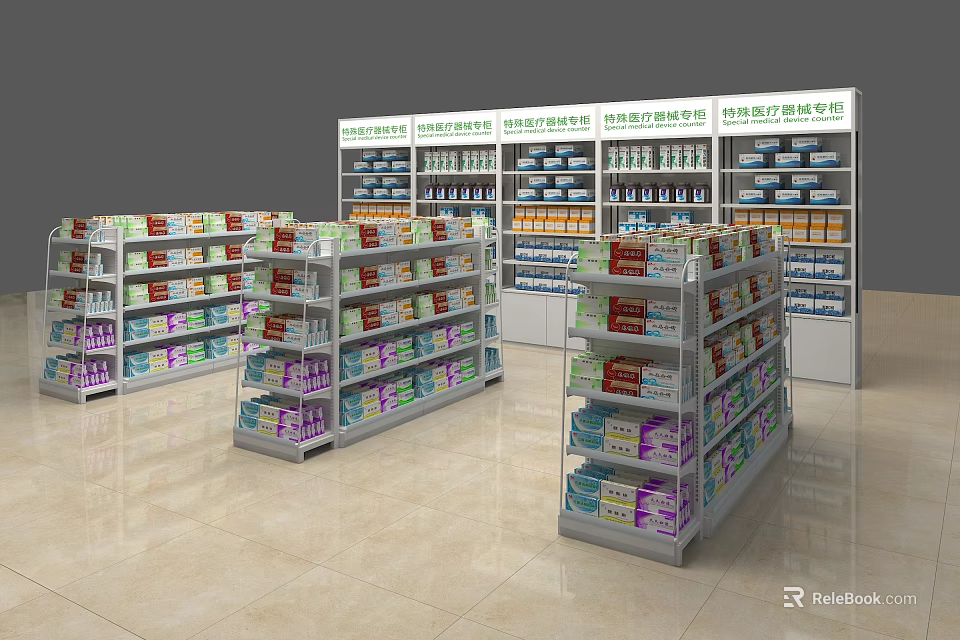 Retail Store Display Shelves With Multi Tiered Racks Holding Various Products 3d model 