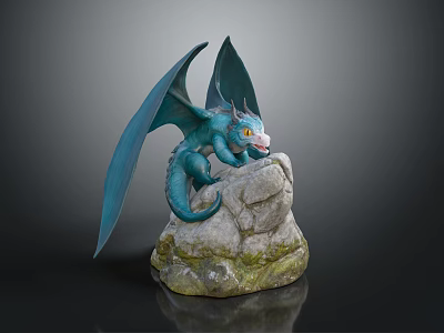Blue Dragon Sculpture Perched On Rocky Base With Detailed Wings And Yellow Eyes 3d model
