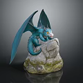 Blue Dragon Sculpture Perched On Rocky Base With Detailed Wings And Yellow Eyes