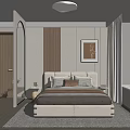Modern Bedroom Interior With Beige Bed Wooden Headboard Wall Art And Area Rug