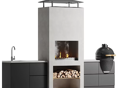 Modern Kitchen With Sink Dark Cabinets Fireplace Wood Storage And Grill 3d model