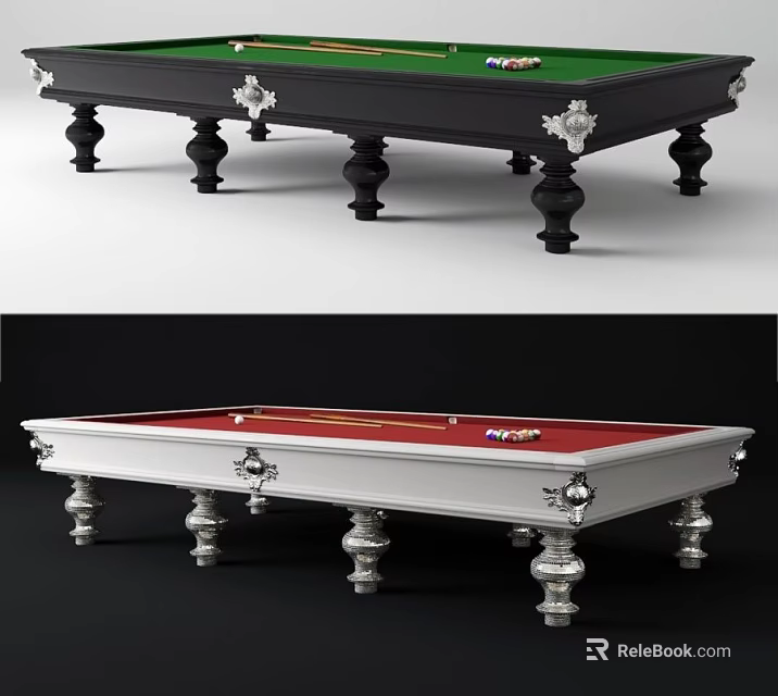 Stylish Entertainment Billiard Tables With Green Red Felt Decorative Legs And Balls 3d model 
