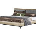 Modern Double Bed With Upholstered Headboard Neutral Tones Pillows And Throw Blanket 3d model