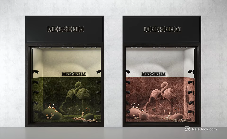 MERSHEM Shop Window Display With Flamingo Decorations Green And Brown Backgrounds 3d model 