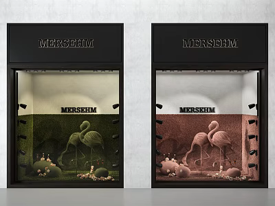 MERSHEM Shop Window Display With Flamingo Decorations Green And Brown Backgrounds 3d model