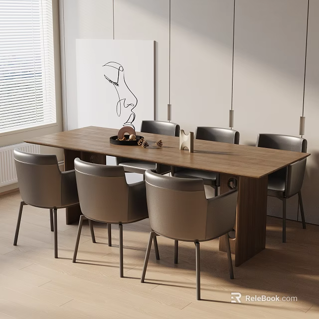 Wooden Dining Table Set With Gray Chairs And Artwork In Bright Room By Window 3d model 