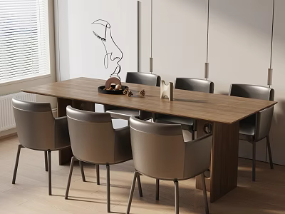 Wooden Dining Table Set With Gray Chairs And Artwork In Bright Room By Window 3d model