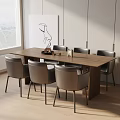 Wooden Dining Table Set With Gray Chairs And Artwork In Bright Room By Window