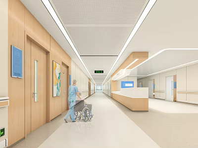 Hospital Outpatient Corridor With Medical Staff Pushing Wheelchair Wooden Doors And White Ceiling Light Strips 3d model