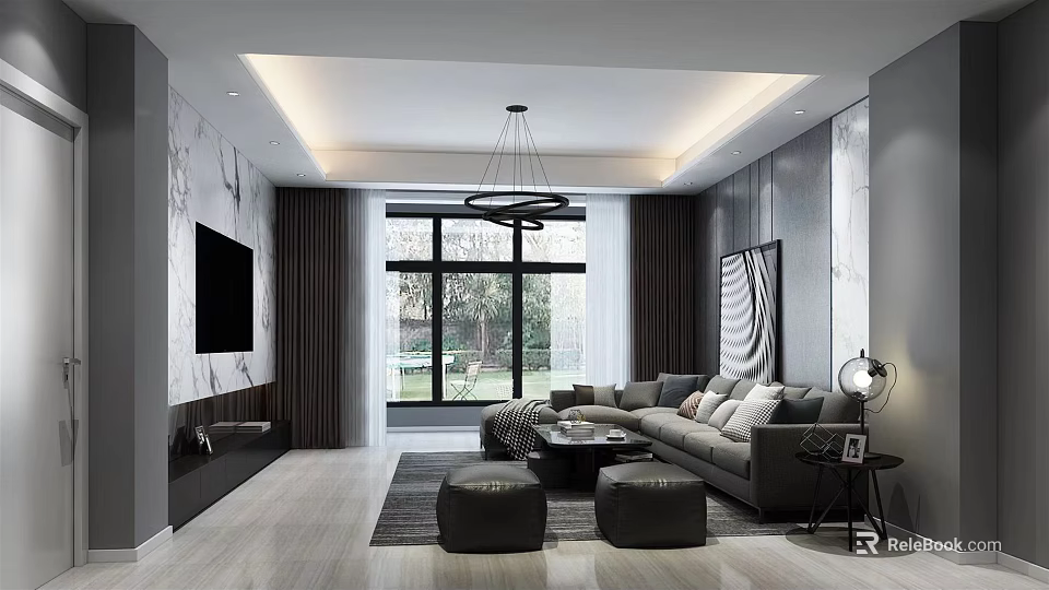 Modern Living Room Interior With Gray Sofa Large Window Wall Mounted TV And Chandelier 3d model 