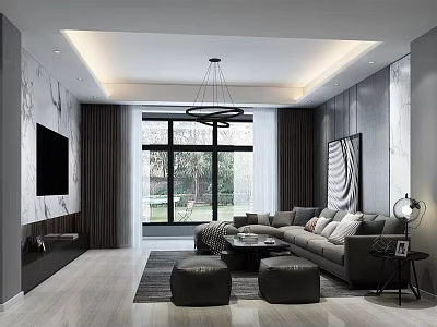 Modern Living Room Interior With Gray Sofa Large Window Wall Mounted TV And Chandelier 3d model