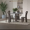 Round Table And Chairs Set With Wooden Frame Upholstered Seats Green Plants Bookshelf And Rug