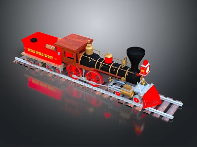 Detailed Red and Black Vintage Steam Train Model with Gold Accents on Track 3d model
