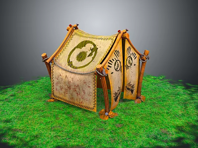 Traditional Style Tent With Wooden Frame On Green Grass And Decorative Patterns 3d model