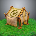 Traditional Style Tent With Wooden Frame On Green Grass And Decorative Patterns