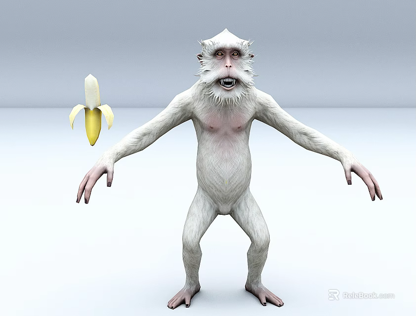 Hairless White Monkey With Exaggerated Expression And Peeled Banana 3d model 