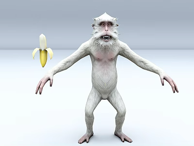 Hairless White Monkey With Exaggerated Expression And Peeled Banana 3d model