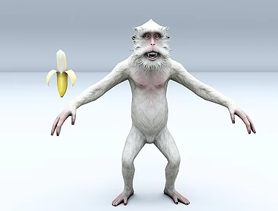 Hairless White Monkey With Exaggerated Expression And Peeled Banana 3d model
