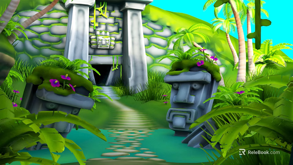 Cartoon Scene Featuring Stone Temple Entrance Stone Statues Palm Trees Purple Flowers And Stone Path 3d model 
