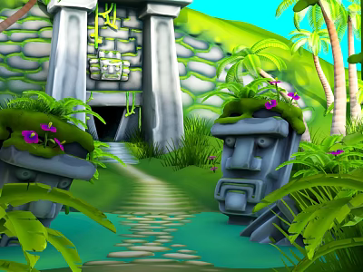 Cartoon Scene Featuring Stone Temple Entrance Stone Statues Palm Trees Purple Flowers And Stone Path 3d model