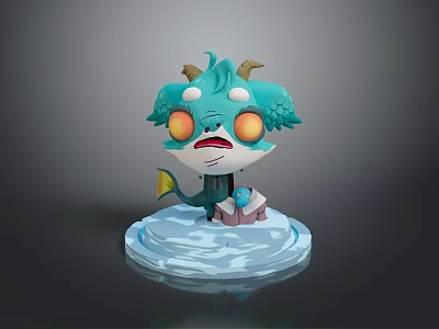 Teal Horned 3D Cartoon Creature With Orange Eyes Standing On Ice Base Platform 3d model