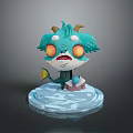 Teal Horned 3D Cartoon Creature With Orange Eyes Standing On Ice Base Platform