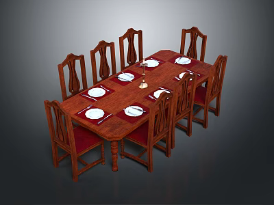 Wooden Carved Dining Table Set With Eight Chairs Red Cushions And White Plates 3d model