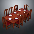 Wooden Carved Dining Table Set With Eight Chairs Red Cushions And White Plates