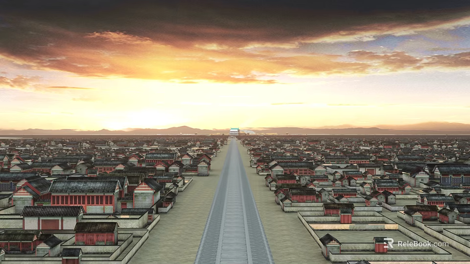 Ancient City Traditional Architecture With Wide Main Road And Sunset Sky Orange Clouds 3d model 