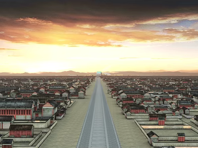 Ancient City Traditional Architecture With Wide Main Road And Sunset Sky Orange Clouds 3d model