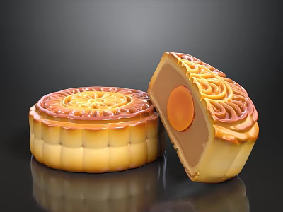 Traditional Chinese Golden Mooncake With Whole And Cut Design Showing Yolk Filling 3d model