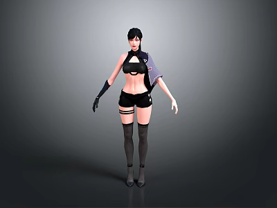 3D Female Character Model In Black Outfit With Gloves Stockings And Purple Accessory 3d model
