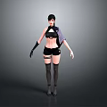 3D Female Character Model In Black Outfit With Gloves Stockings And Purple Accessory