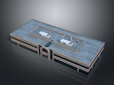 Modern Concrete Building Exterior Featuring Flat Roof White Rooftop Structures And Arched Entrance 3d model