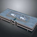 Modern Concrete Building Exterior Featuring Flat Roof White Rooftop Structures And Arched Entrance
