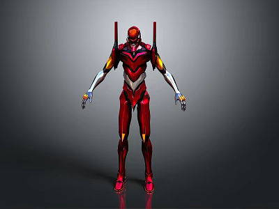 Futuristic Red Mechanical Character With Yellow Accents White Details And Standing Pose 3d model